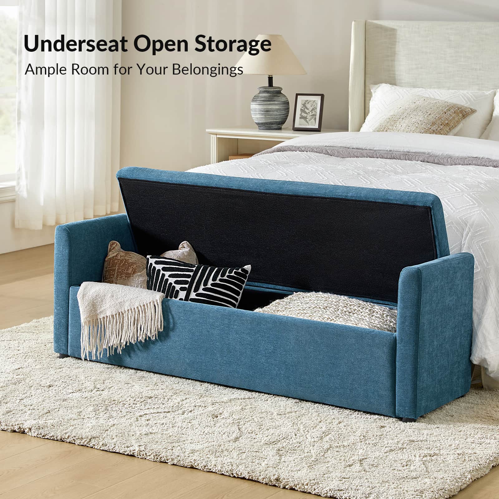 Banc de rangement capitonné avec 2 oreillers décoratifs, accoudoirs et pieds en plastique noir | Beige / Bleu marine / Sarcelle / Lin / Gris / Anthracite / Taupe / Marron | Simple