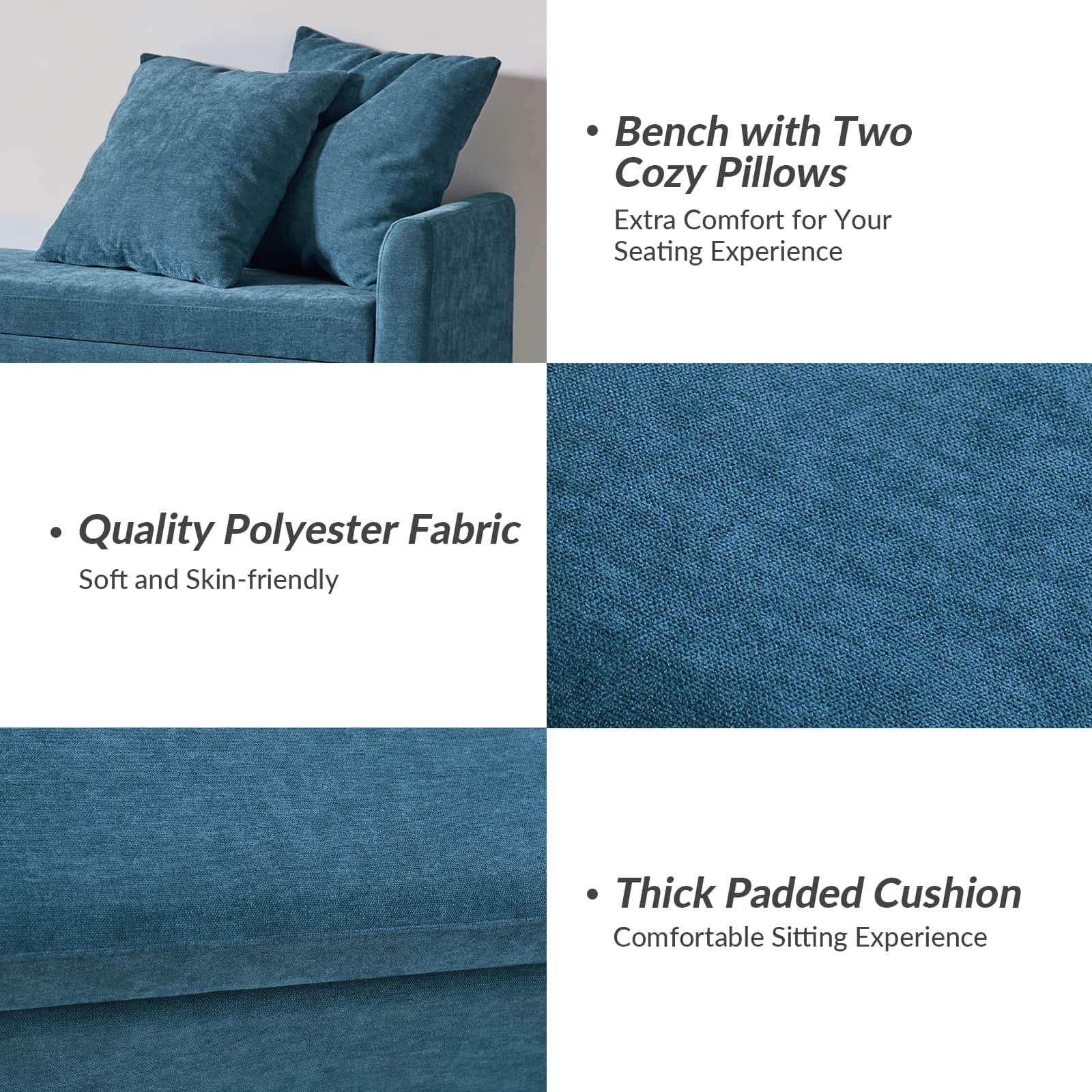 Banc de rangement capitonné avec 2 oreillers décoratifs, accoudoirs et pieds en plastique noir | Beige / Bleu marine / Sarcelle / Lin / Gris / Anthracite / Taupe / Marron | Simple