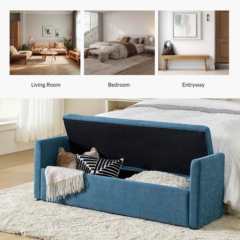 Banc de rangement capitonné avec 2 oreillers décoratifs, accoudoirs et pieds en plastique noir | Beige / Bleu marine / Sarcelle / Lin / Gris / Anthracite / Taupe / Marron | Simple
