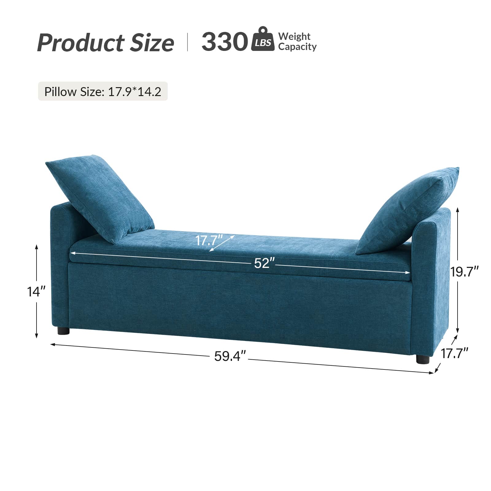 Banc de rangement capitonné avec 2 oreillers décoratifs, accoudoirs et pieds en plastique noir | Beige / Bleu marine / Sarcelle / Lin / Gris / Anthracite / Taupe / Marron | Simple