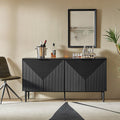 63 po Buffet 4 portes à rainures linéaires avec 2 tiroirs, porte-verres à vin, 3 étagères réglables et pieds en fer | Noir / Blanc / Bleu marine | Simple