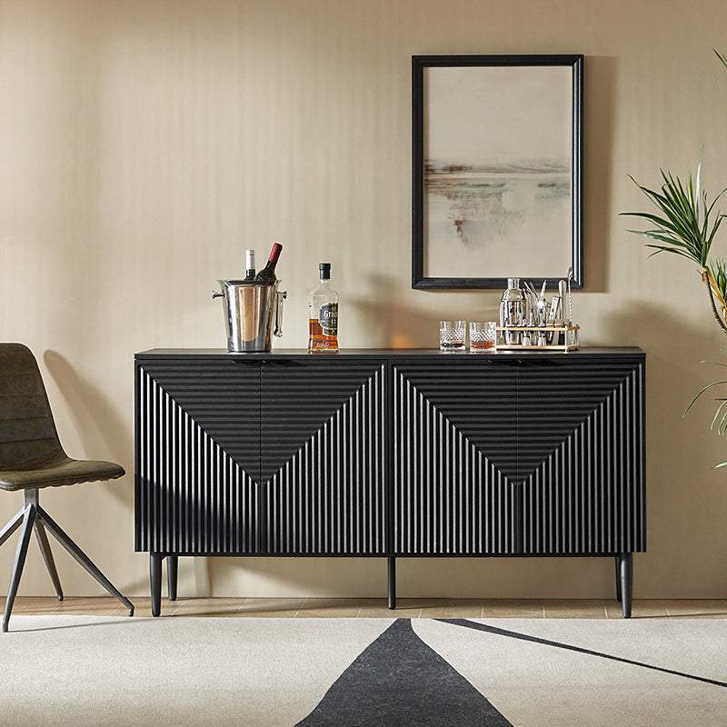 63 po Buffet 4 portes à rainures linéaires avec 2 tiroirs, porte-verres à vin, 3 étagères réglables et pieds en fer | Noir / Blanc / Bleu marine | Simple