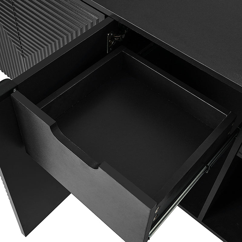 63 po Buffet 4 portes à rainures linéaires avec 2 tiroirs, porte-verres à vin, 3 étagères réglables et pieds en fer | Noir / Blanc / Bleu marine | Simple