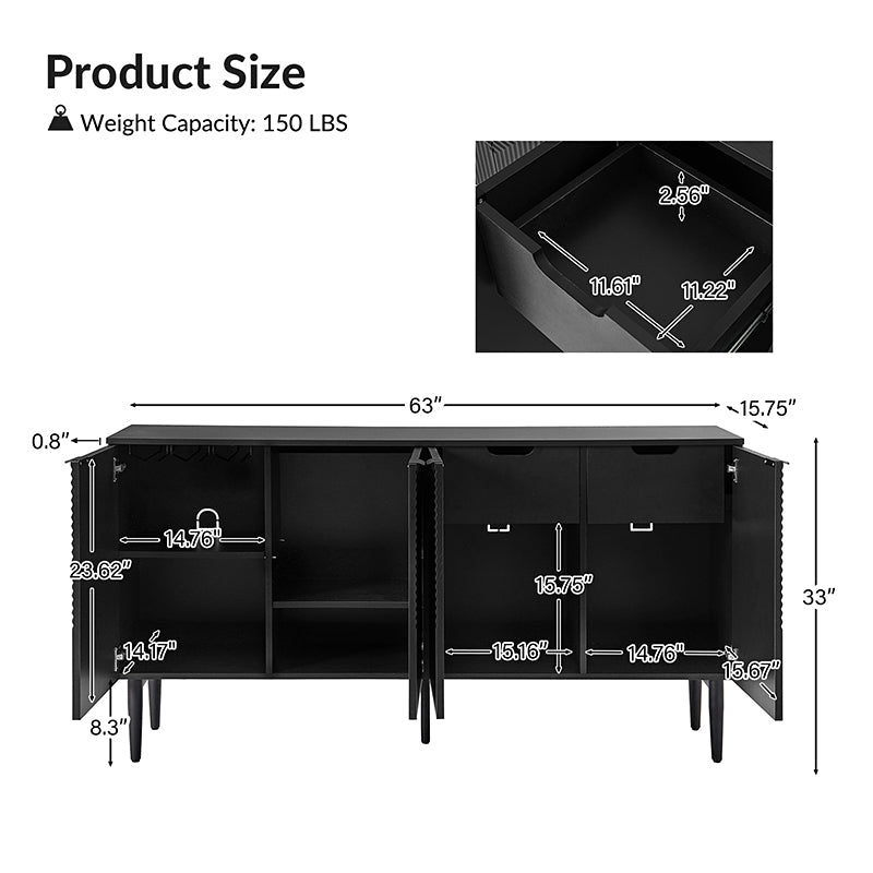 63 po Buffet 4 portes à rainures linéaires avec 2 tiroirs, porte-verres à vin, 3 étagères réglables et pieds en fer | Noir / Blanc / Bleu marine | Simple