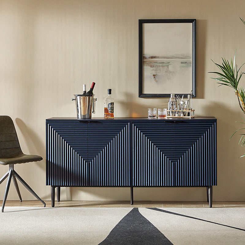 63 po Buffet 4 portes à rainures linéaires avec 2 tiroirs, porte-verres à vin, 3 étagères réglables et pieds en fer | Noir / Blanc / Bleu marine | Simple