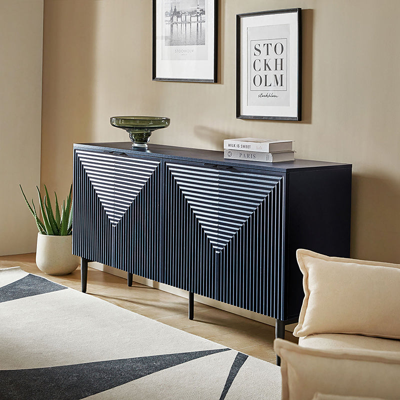 63 po Buffet 4 portes à rainures linéaires avec 2 tiroirs, porte-verres à vin, 3 étagères réglables et pieds en fer | Noir / Blanc / Bleu marine | Simple