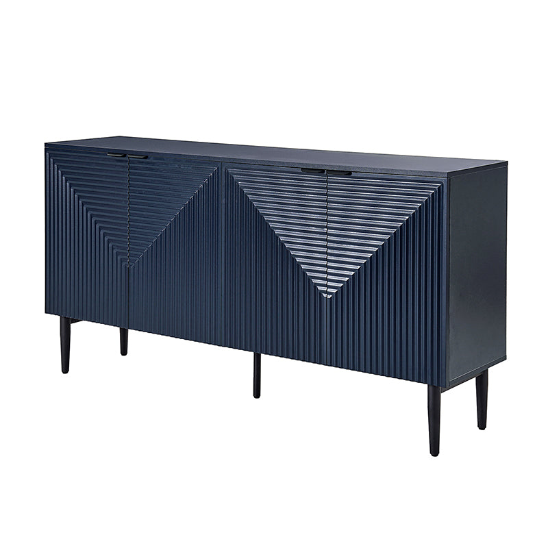 63 po Buffet 4 portes à rainures linéaires avec 2 tiroirs, porte-verres à vin, 3 étagères réglables et pieds en fer | Noir / Blanc / Bleu marine | Simple