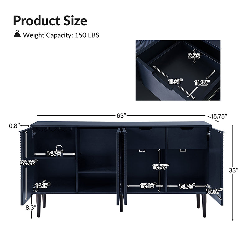 63 po Buffet 4 portes à rainures linéaires avec 2 tiroirs, porte-verres à vin, 3 étagères réglables et pieds en fer | Noir / Blanc / Bleu marine | Simple
