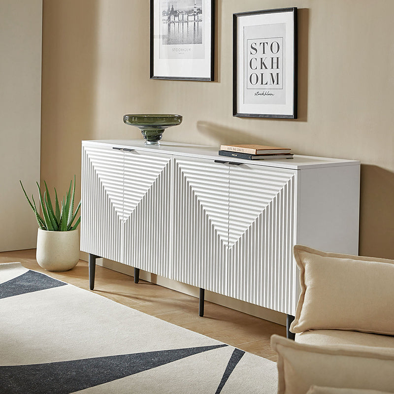 63 po Buffet 4 portes à rainures linéaires avec 2 tiroirs, porte-verres à vin, 3 étagères réglables et pieds en fer | Noir / Blanc / Bleu marine | Simple