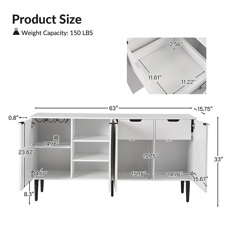 63 po Buffet 4 portes à rainures linéaires avec 2 tiroirs, porte-verres à vin, 3 étagères réglables et pieds en fer | Noir / Blanc / Bleu marine | Simple