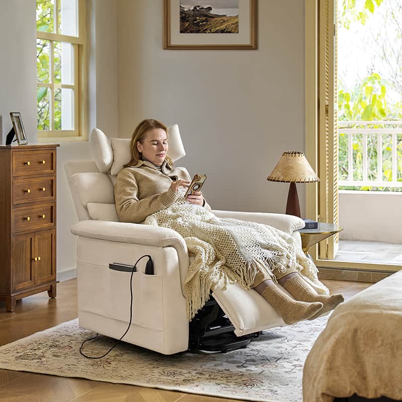 Fauteuil inclinable releveur avec massage dorsal par airbag, thérapie chauffante et support tête et lombaire réglables | Bleu marine / Beige | Monoplace