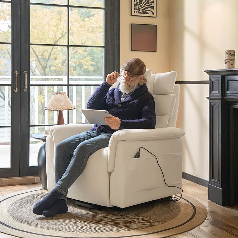 Fauteuil inclinable releveur avec massage dorsal par airbag, thérapie chauffante et support tête et lombaire réglables | Bleu marine / Beige | Monoplace