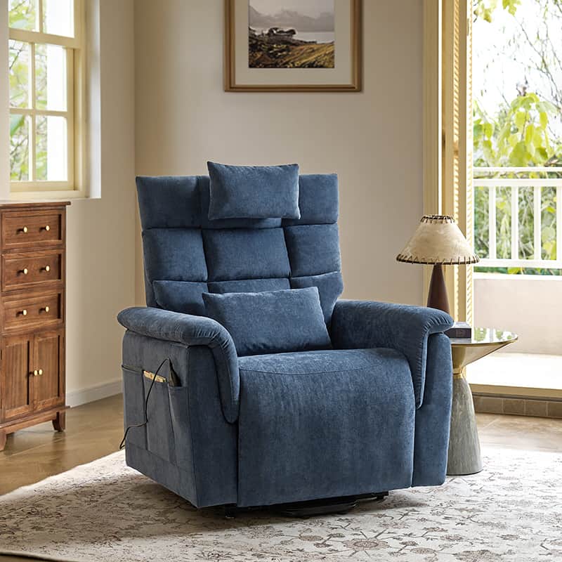 Fauteuil inclinable releveur avec massage dorsal par airbag, thérapie chauffante et support tête et lombaire réglables | Bleu marine / Beige | Monoplace