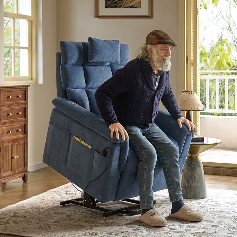 Fauteuil inclinable releveur avec massage dorsal par airbag, thérapie chauffante et support tête et lombaire réglables | Bleu marine / Beige | Monoplace