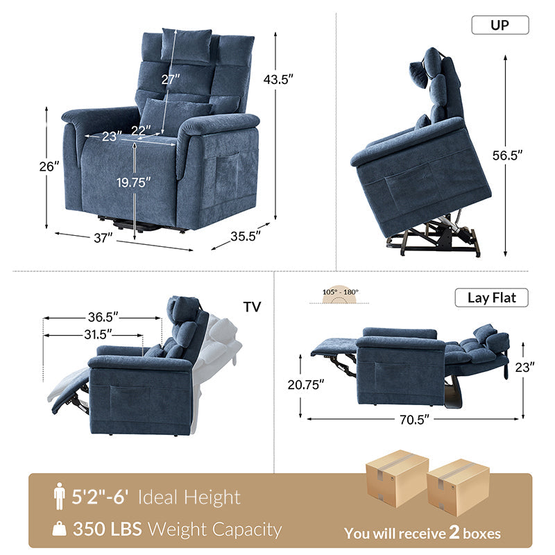 Fauteuil inclinable releveur avec massage dorsal par airbag, thérapie chauffante et support tête et lombaire réglables | Bleu marine / Beige | Monoplace