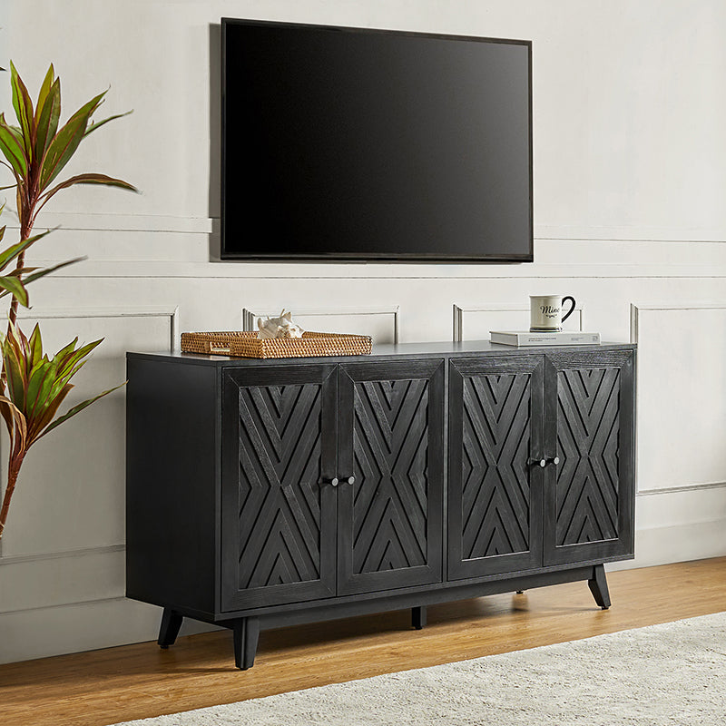 Buffet 4 portes avec incrustation en chevron de 145 cm avec 3 étagères réglables, passe-câbles et pieds en bois de peuplier | Noyer / Noir | Unique