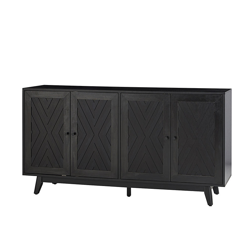 Buffet 4 portes avec incrustation en chevron de 145 cm avec 3 étagères réglables, passe-câbles et pieds en bois de peuplier | Noyer / Noir | Unique