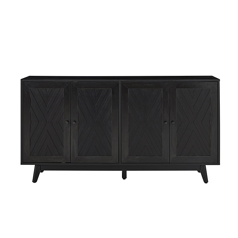 Buffet 4 portes avec incrustation en chevron de 145 cm avec 3 étagères réglables, passe-câbles et pieds en bois de peuplier | Noyer / Noir | Unique
