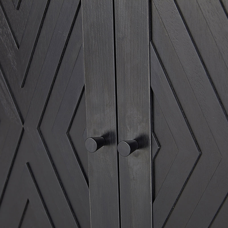 Buffet 4 portes avec incrustation en chevron de 145 cm avec 3 étagères réglables, passe-câbles et pieds en bois de peuplier | Noyer / Noir | Unique