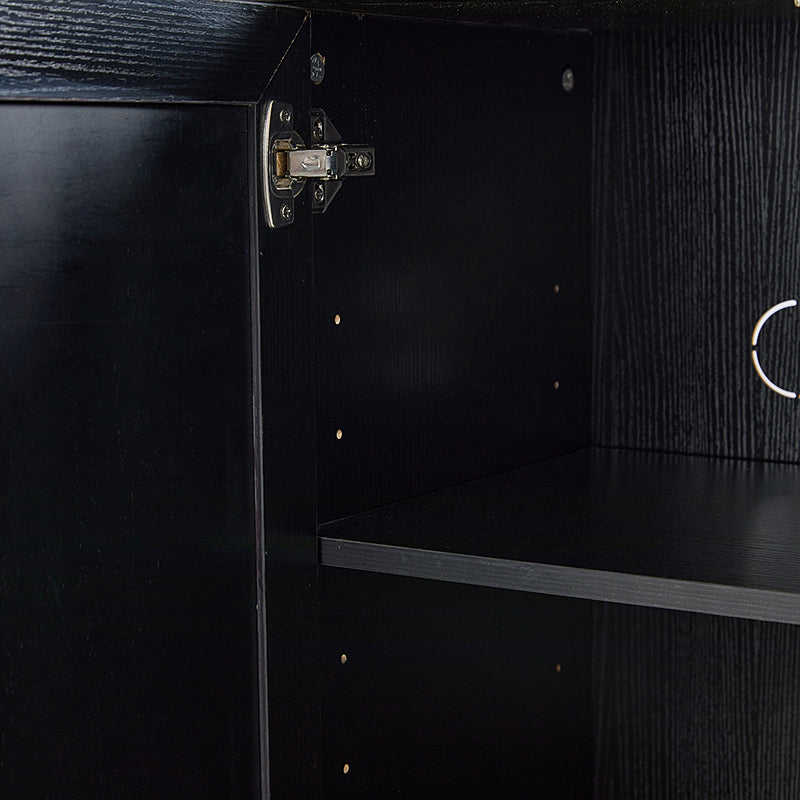 Buffet 4 portes avec incrustation en chevron de 145 cm avec 3 étagères réglables, passe-câbles et pieds en bois de peuplier | Noyer / Noir | Unique