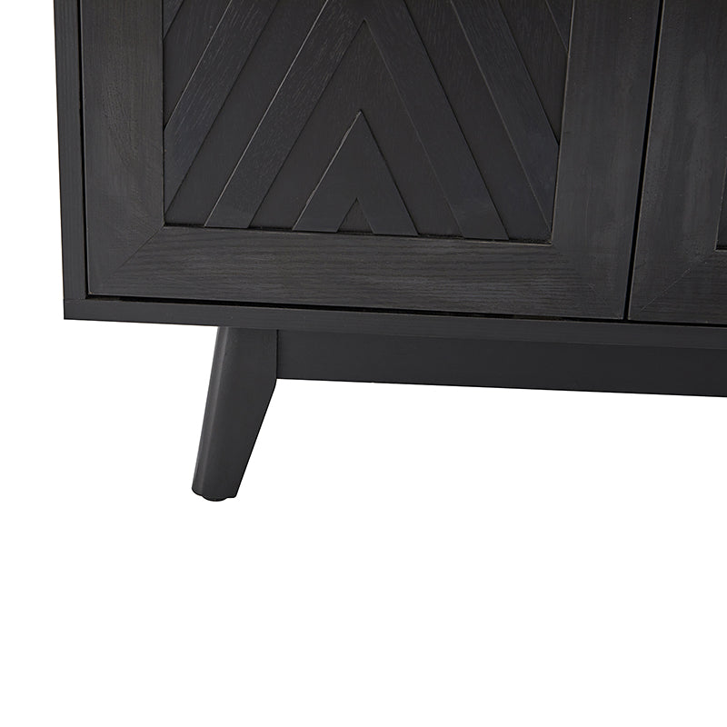 Buffet 4 portes avec incrustation en chevron de 145 cm avec 3 étagères réglables, passe-câbles et pieds en bois de peuplier | Noyer / Noir | Unique