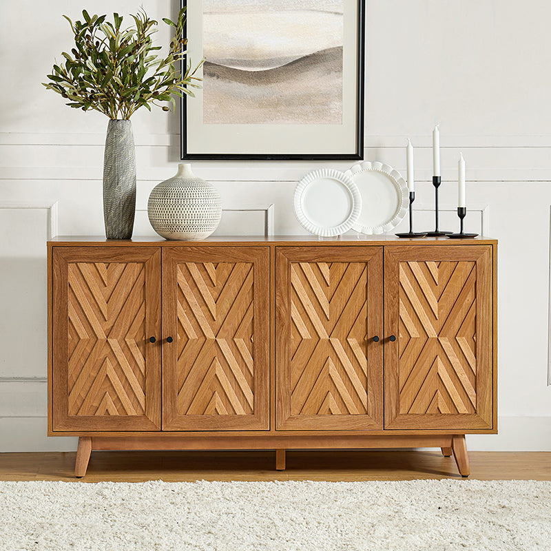 Buffet 4 portes avec incrustation en chevron de 145 cm avec 3 étagères réglables, passe-câbles et pieds en bois de peuplier | Noyer / Noir | Unique
