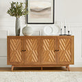 Buffet 4 portes avec incrustation en chevron de 145 cm avec 3 étagères réglables, passe-câbles et pieds en bois de peuplier | Noyer / Noir | Unique