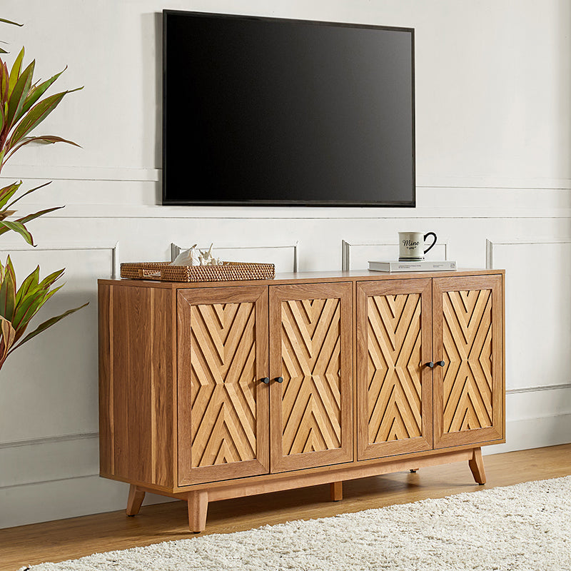 Buffet 4 portes avec incrustation en chevron de 145 cm avec 3 étagères réglables, passe-câbles et pieds en bois de peuplier | Noyer / Noir | Unique