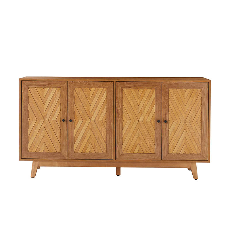 Buffet 4 portes avec incrustation en chevron de 145 cm avec 3 étagères réglables, passe-câbles et pieds en bois de peuplier | Noyer / Noir | Unique