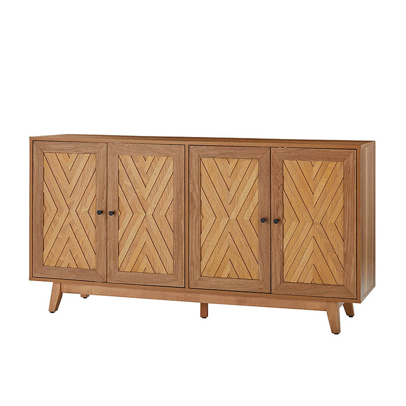 Buffet 4 portes avec incrustation en chevron de 145 cm avec 3 étagères réglables, passe-câbles et pieds en bois de peuplier | Noyer / Noir | Unique