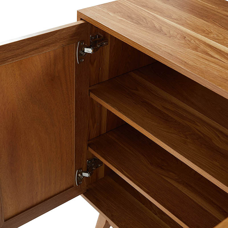 Buffet 4 portes avec incrustation en chevron de 145 cm avec 3 étagères réglables, passe-câbles et pieds en bois de peuplier | Noyer / Noir | Unique