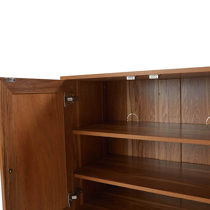Buffet 4 portes avec incrustation en chevron de 145 cm avec 3 étagères réglables, passe-câbles et pieds en bois de peuplier | Noyer / Noir | Unique