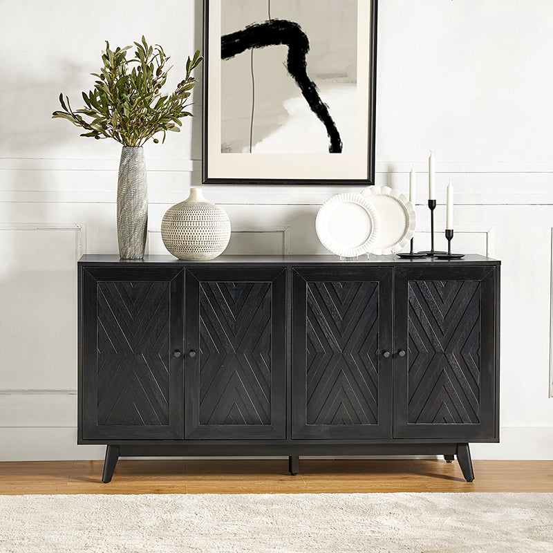 Buffet 4 portes avec incrustation en chevron de 145 cm avec 3 étagères réglables, passe-câbles et pieds en bois de peuplier | Noyer / Noir | Unique