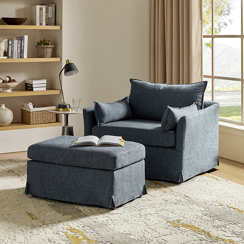 Fauteuil surdimensionné déhoussable en polyester avec ottomane, coussin réversible et roulettes arrière verrouillables | Bleu / Ivoire / Gris | 1,5 place