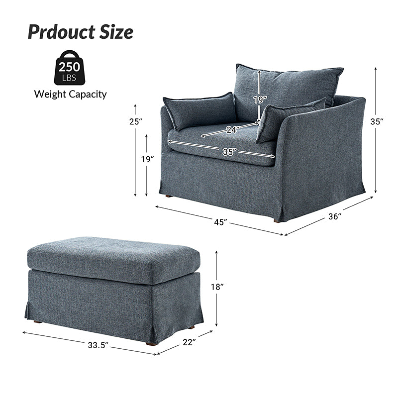 Fauteuil surdimensionné déhoussable en polyester avec ottomane, coussin réversible et roulettes arrière verrouillables | Bleu / Ivoire / Gris | 1,5 place