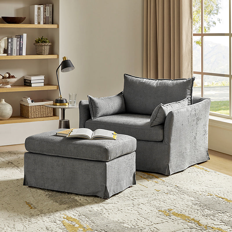 Fauteuil surdimensionné déhoussable en polyester avec ottomane, coussin réversible et roulettes arrière verrouillables | Bleu / Ivoire / Gris | 1,5 place