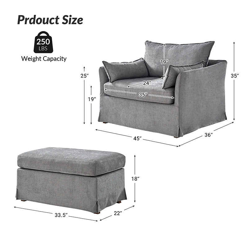 Fauteuil surdimensionné déhoussable en polyester avec ottomane, coussin réversible et roulettes arrière verrouillables | Bleu / Ivoire / Gris | 1,5 place