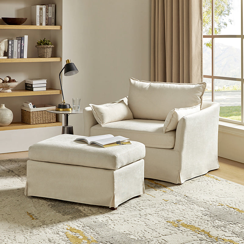 Fauteuil surdimensionné déhoussable en polyester avec ottomane, coussin réversible et roulettes arrière verrouillables | Bleu / Ivoire / Gris | 1,5 place