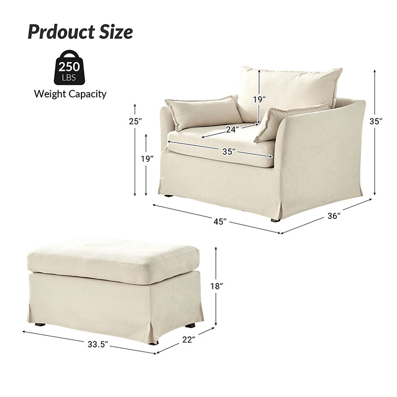 Fauteuil surdimensionné déhoussable en polyester avec ottomane, coussin réversible et roulettes arrière verrouillables | Bleu / Ivoire / Gris | 1,5 place