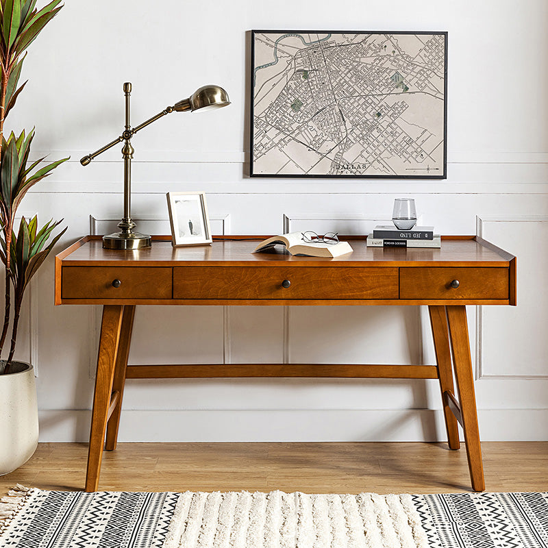 Bureau d'ordinateur avec 3 tiroirs, prise de courant intégrée, gestion des câbles et pieds en bois d'hévéa | Chêne / Noyer | Simple