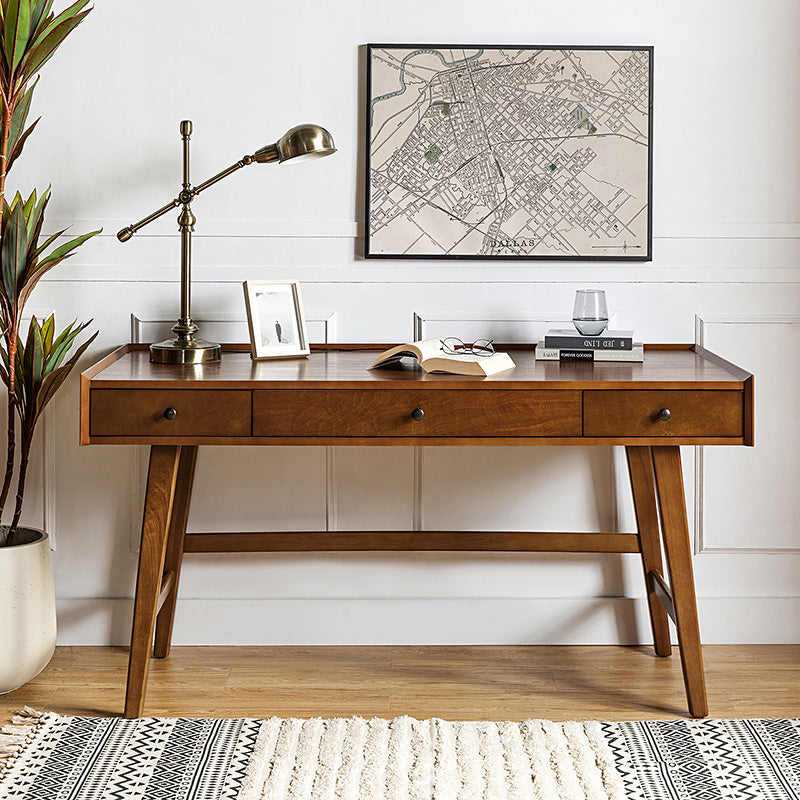 Bureau d'ordinateur avec 3 tiroirs, prise de courant intégrée, gestion des câbles et pieds en bois d'hévéa | Chêne / Noyer | Simple