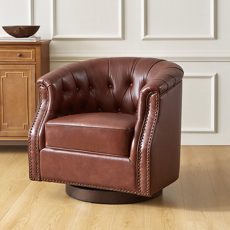 Fauteuil pivotant et à bascule en cuir véritable avec capitonnage et clous décoratifs, pieds en noyer | Marron / Blanc / Camel | Siège unique