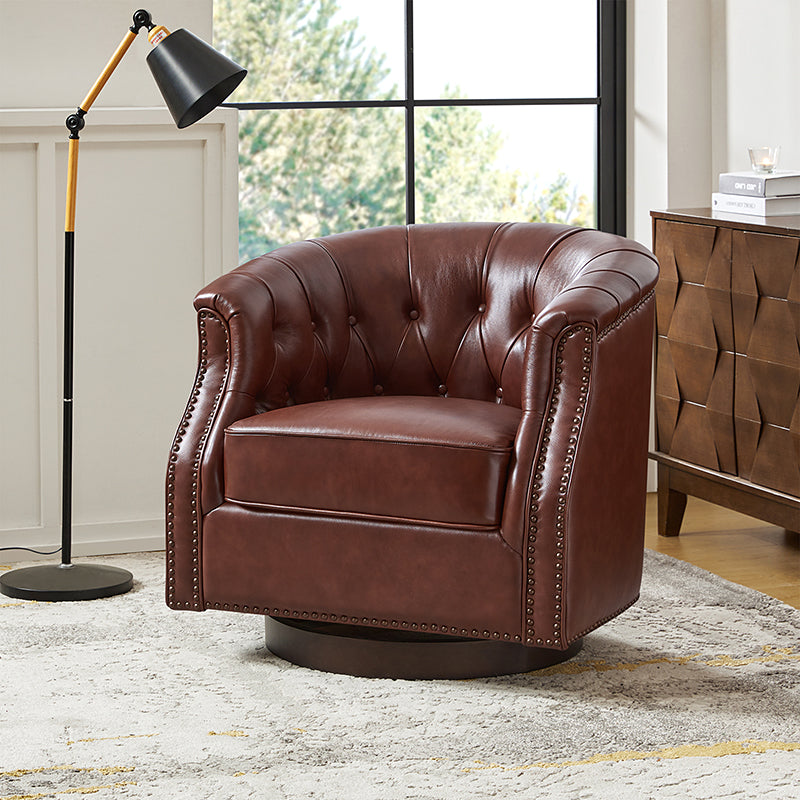 Fauteuil pivotant et à bascule en cuir véritable avec capitonnage et clous décoratifs, pieds en noyer | Marron / Blanc / Camel | Siège unique