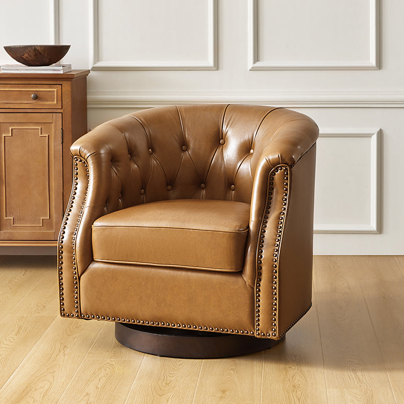 Fauteuil pivotant et à bascule en cuir véritable avec capitonnage et clous décoratifs, pieds en noyer | Marron / Blanc / Camel | Siège unique