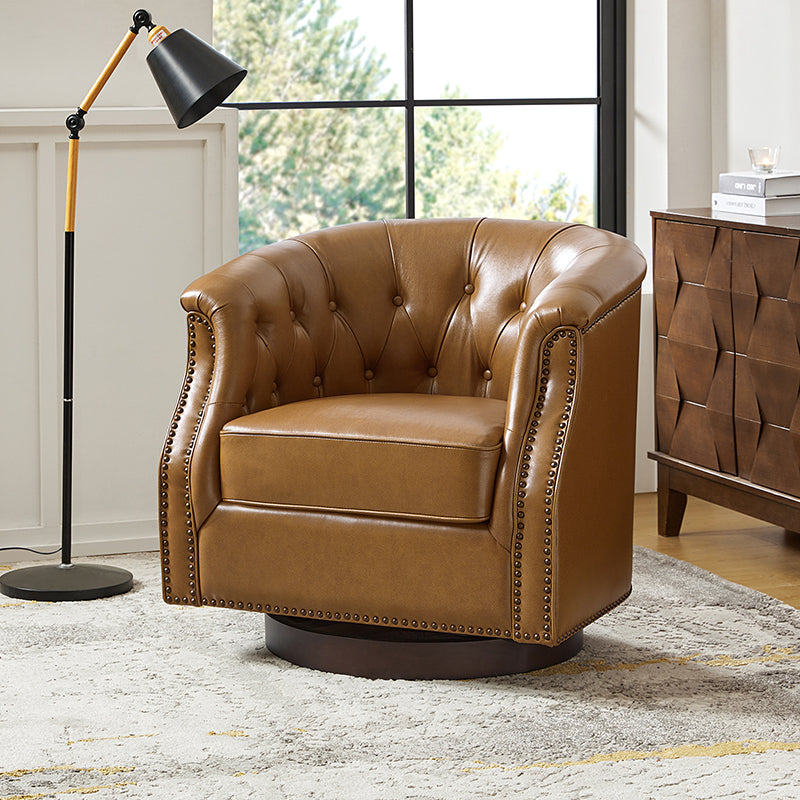 Fauteuil pivotant et à bascule en cuir véritable avec capitonnage et clous décoratifs, pieds en noyer | Marron / Blanc / Camel | Siège unique