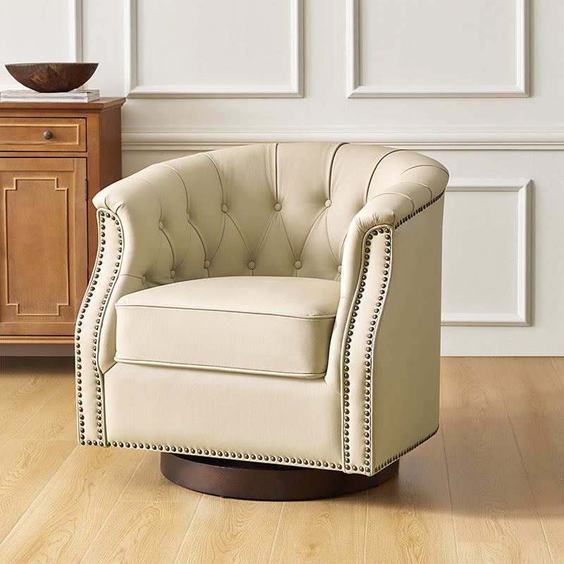 Fauteuil pivotant et à bascule en cuir véritable avec capitonnage et clous décoratifs, pieds en noyer | Marron / Blanc / Camel | Siège unique