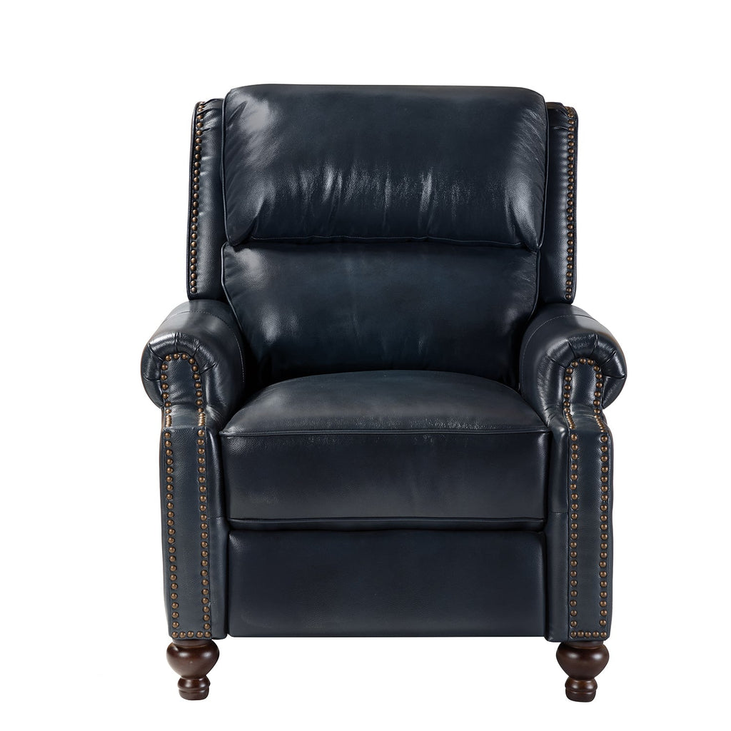 Fauteuil inclinable manuel en cuir véritable avec accoudoirs roulés, clous décoratifs, assise à ressorts sinueux et pieds tournés en bois de bouleau | Marron / Camel / Beige / Noir / Bleu marine / Vert / Bordeaux | Siège simple