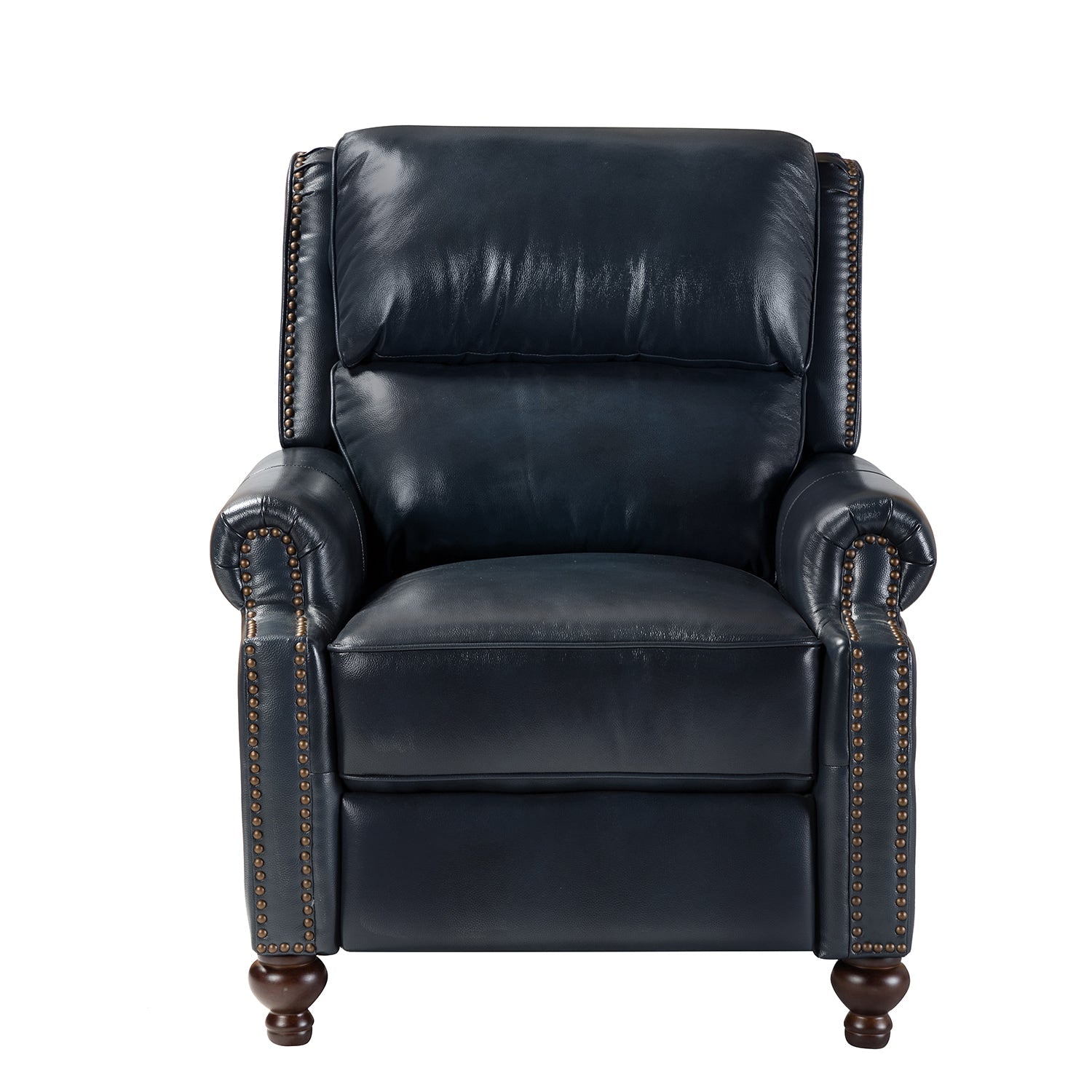 Fauteuil inclinable manuel en cuir véritable avec accoudoirs roulés, clous décoratifs, assise à ressorts sinueux et pieds tournés en bois de bouleau | Marron / Camel / Beige / Noir / Bleu marine / Vert / Bordeaux | Siège simple