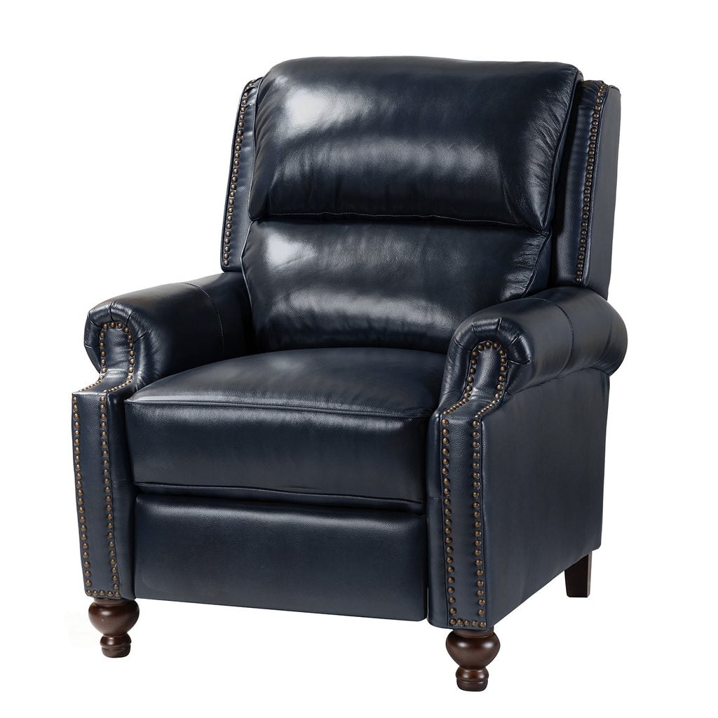 Fauteuil inclinable manuel en cuir véritable avec accoudoirs roulés, clous décoratifs, assise à ressorts sinueux et pieds tournés en bois de bouleau | Marron / Camel / Beige / Noir / Bleu marine / Vert / Bordeaux | Siège simple