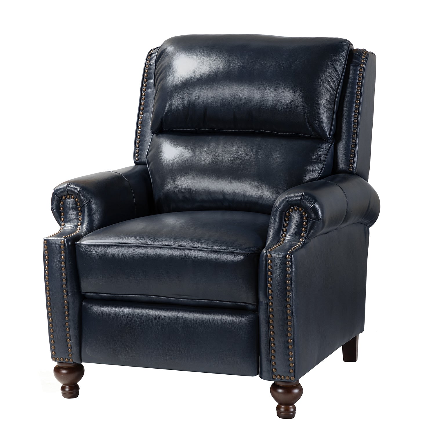 Fauteuil inclinable manuel en cuir véritable avec accoudoirs roulés, clous décoratifs, assise à ressorts sinueux et pieds tournés en bois de bouleau | Marron / Camel / Beige / Noir / Bleu marine / Vert / Bordeaux | Siège simple